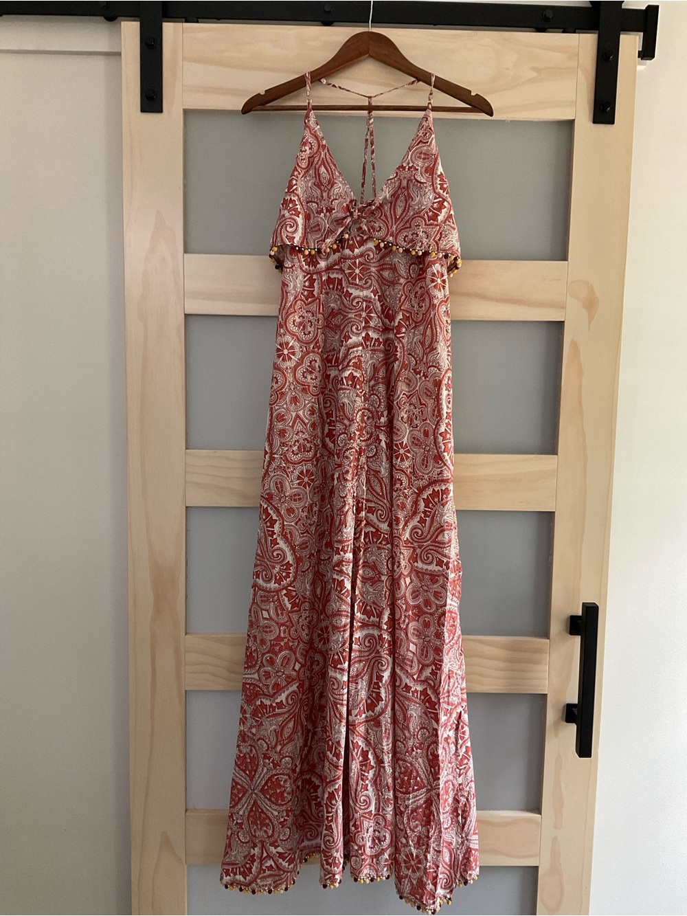 Tularosa NWT Paisley Halter Maxi Dress Beaded Pom Trim Side Slit Boho Large
